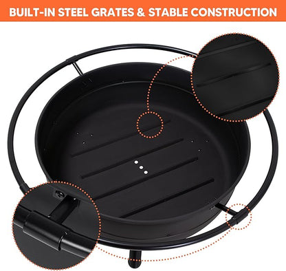 SUNCREAT 42" Outdoor Portable Fire Pit with Spark Screen, Fire Poker, Wood Burning Patio Fire Pits with Protective Ring, Black
