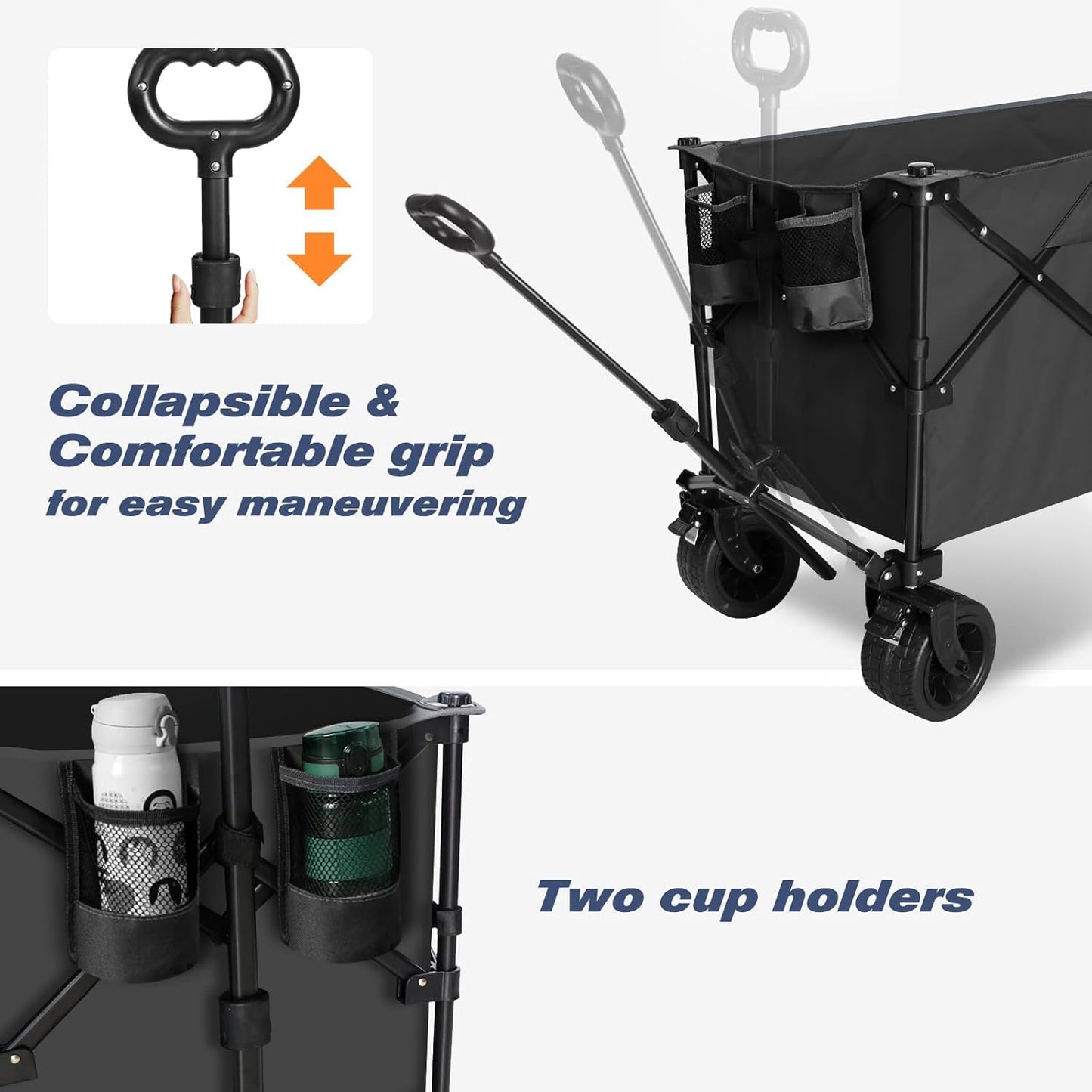 Chihee Garden Cart Collapsible Outdoor Utility Wagon Cart,Folding Beach Cart Oversized Capacity 254L,Heavy Duty Portable Wagon All Terrain Wheels Oversized Side Pocket 2 Drink Holders for Camping