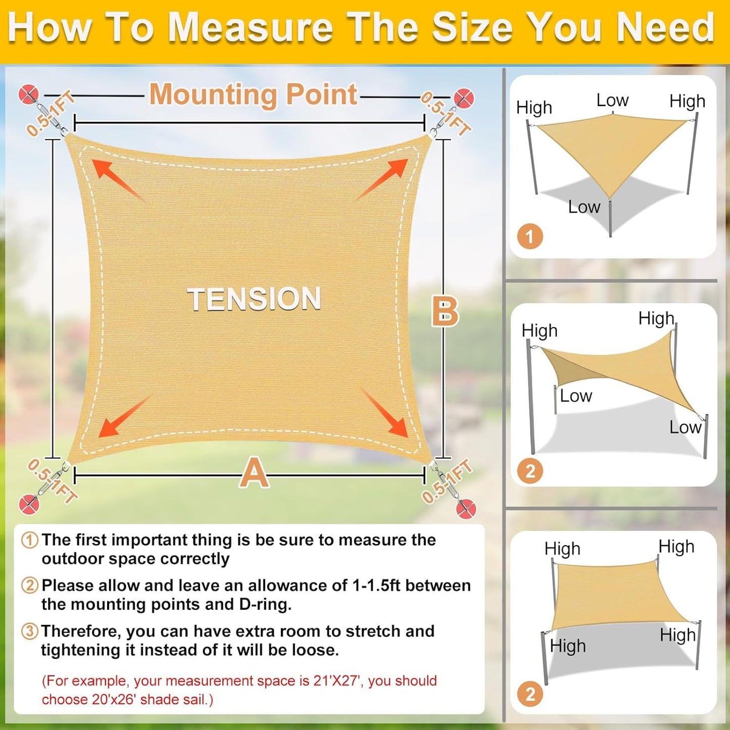 KANAGAWA Sun Shade Sail Curved 20'X26' Sand Rectangle Outdoor Shade Cover UV Blovk Canopy for Patio Garden Backyard Heavy Duty Permeable 185GSM (We Make Custom Size)