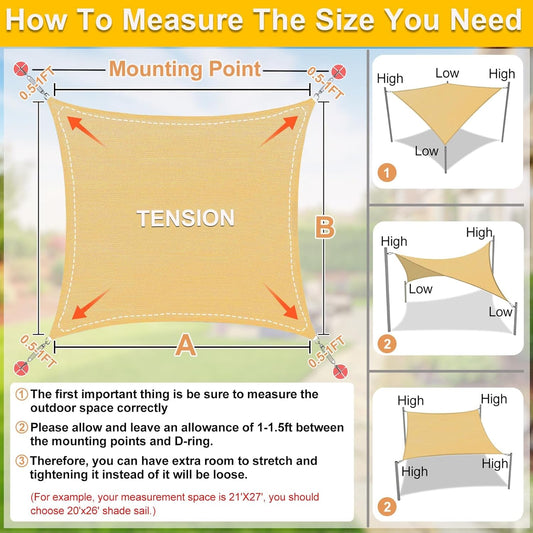 KANAGAWA Sun Shade Sail Curved 24'X24' Sand Rectangle Outdoor Shade Cover UV Blovk Canopy for Patio Garden Backyard Heavy Duty Permeable 185GSM (We Make Custom Size)