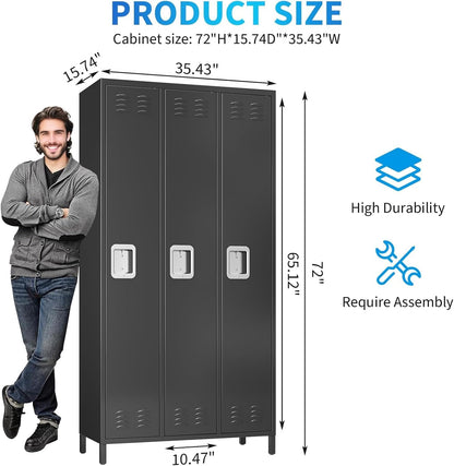 3 Doors Metal Lockers for Employees with 6 Hooks, Black Steel Storage Locker Cabinet, 72" Tall Lockers for Offices School Gyms Home Bedroom