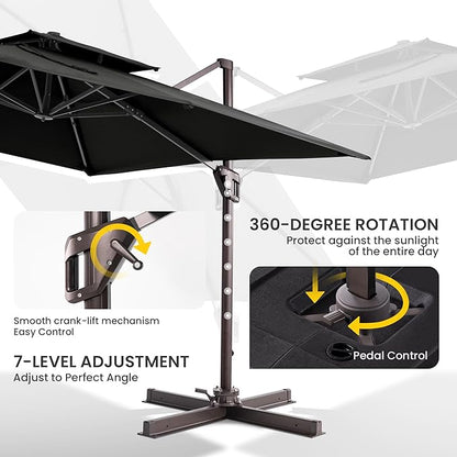 10x10 FT Cantilever Patio Umbrella Double Top Outdoor Square Large Heavy Duty Aluminum Offset Umbrellas with 7 Level Tilt 360-degree Rotation for Pool Garden Deck, Black