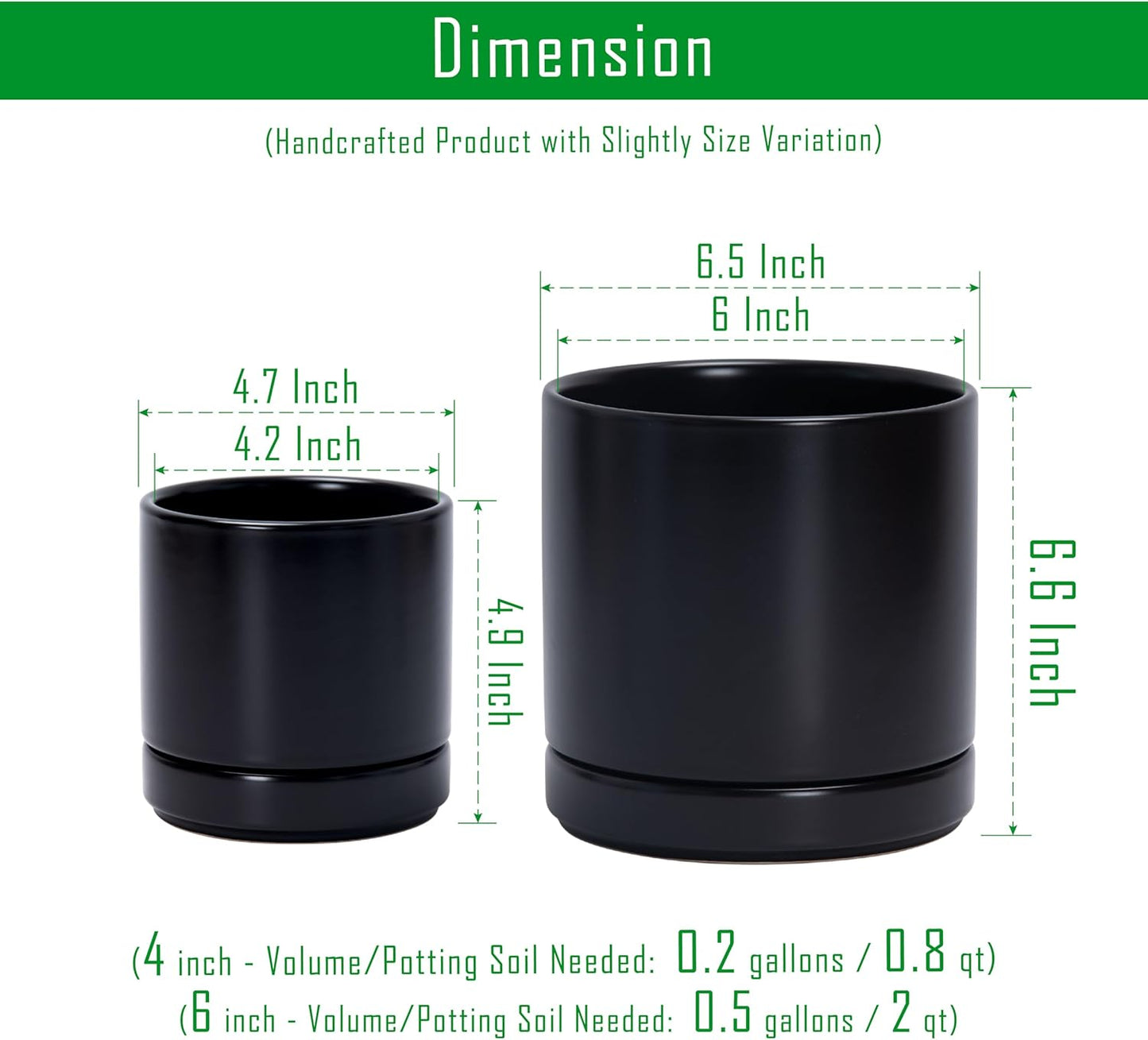 D'vine Dev 4.7 Inch & 6.5 Inch Ceramic Planter Pots for Plants with Drainage Hole and Saucer, Small Plant Pots Set, Black, 94-G-S-2