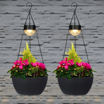 2 Packs Solar Hanging Basket Planters for Plants Outdoor, Self Watering Black Flower Plants Pots with Solar Light Drainer for Balcony Patio Garden Outdoor Decoration