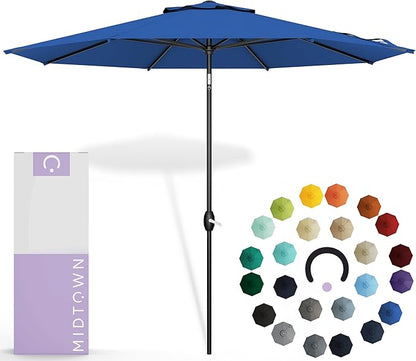 Midtown Umbrellas Sunbrella Umbrella 8 Feet Outdoor Umbrella With Sunbrella Dark Blue Acrylic Fabric - Auto-Tilt Aluminum Frame Patio Umbrella For Backyard, Deck, Garden, Pool - Black Pole
