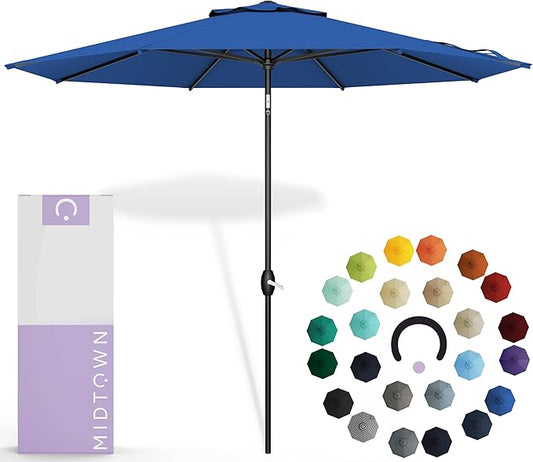 Midtown Umbrellas Sunbrella Umbrella 8 Feet Outdoor Umbrella With Sunbrella Dark Blue Acrylic Fabric - Auto-Tilt Aluminum Frame Patio Umbrella For Backyard, Deck, Garden, Pool - Black Pole