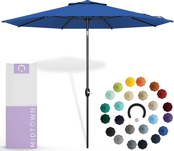 Midtown Umbrellas Sunbrella Umbrella 9 Feet Outdoor Umbrella With Dark Blue Acrylic Fabric - Auto-Tilt Aluminum Frame Patio Umbrella For Backyard, Deck, Garden, Pool - Black Pole