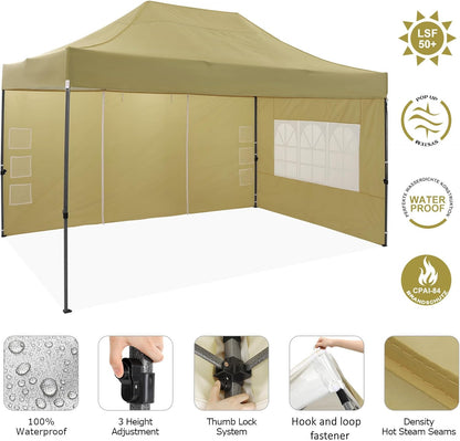 COBIZI 10x15 Heavy Duty Pop up Canopy Tent with 4 sidewalls Commercial Outdoor Canopy Wedding Party Tents for Wedding All Season Wind & Waterproof Gazebo with Carry Bag, Khaki(Frame Thickened)