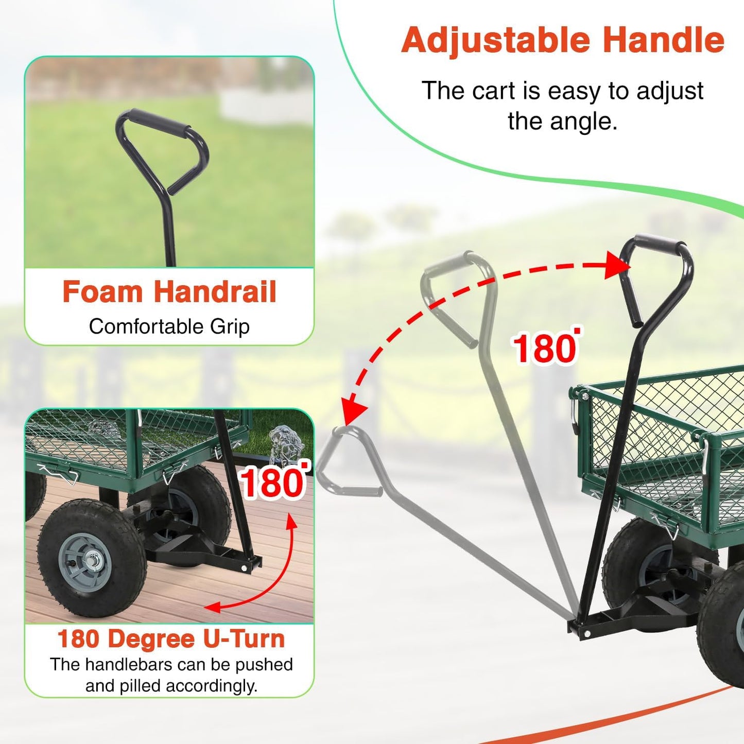 FDW Garden Cart Streel Heavy Duty 500 LBS Capacity，Utility Cart Wagon with Removable Sides and 180°Rotating Handle for Yard, Lawn and Garden Hauler (Dark Green)
