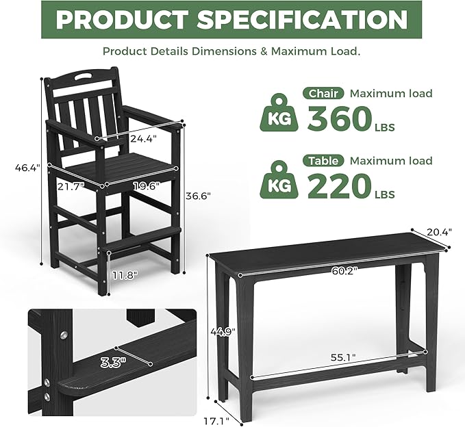 HDPE Outdoor Patio Bar Set with High Top Table and 2 Adirondack Chairs, All-Weather Bar Height Outside Rectangular Pub Furniture for Bistro, Garden, Backyard, Deck | 3-Pieces, Matte Black