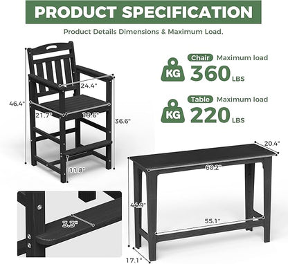 HDPE Outdoor Patio Bar Set with High Top Table and 2 Adirondack Chairs, All-Weather Bar Height Outside Rectangular Pub Furniture for Bistro, Garden, Backyard, Deck | 3-Pieces, Matte Black