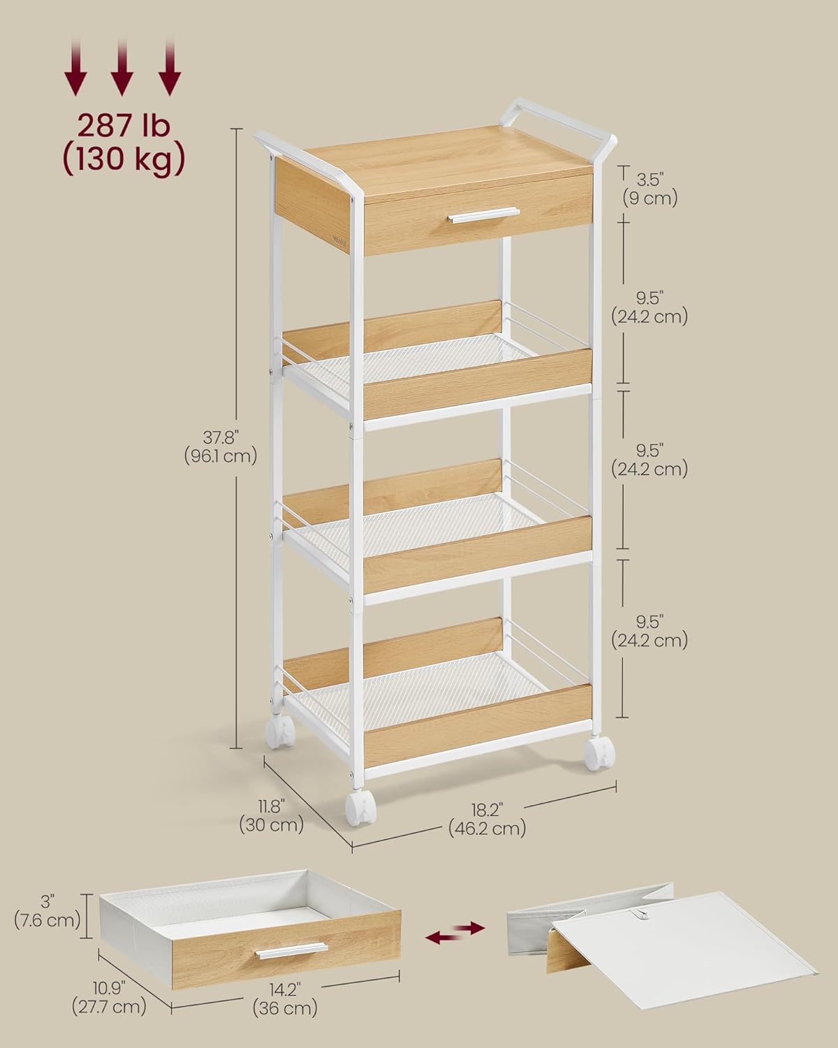 VASAGLE Storage Cart, 4-Tier Rolling Utility Cart with Table Top, Handles, 4 Lockable Casters, Top Drawer, Mesh Shelves, for Kitchen, Bathroom, Bedroom, Golden Oak and Cloud White ULRC049N01