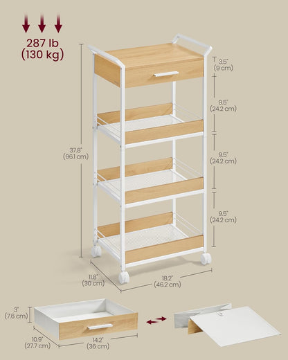 VASAGLE Storage Cart, 4-Tier Rolling Utility Cart with Table Top, Handles, 4 Lockable Casters, Top Drawer, Mesh Shelves, for Kitchen, Bathroom, Bedroom, Golden Oak and Cloud White ULRC049N01