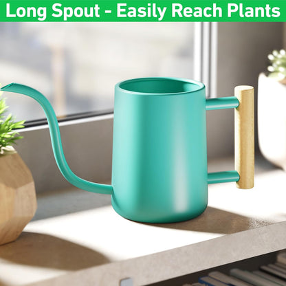 35 oz Metal Small Indoor Watering Can with Long Spout & Real Wood Handle for House Plants, Succulents, Cacti & Seedlings - Green Long Spout Watering Can Indoor Plants - Stylish, Gentle Flow, No Spills