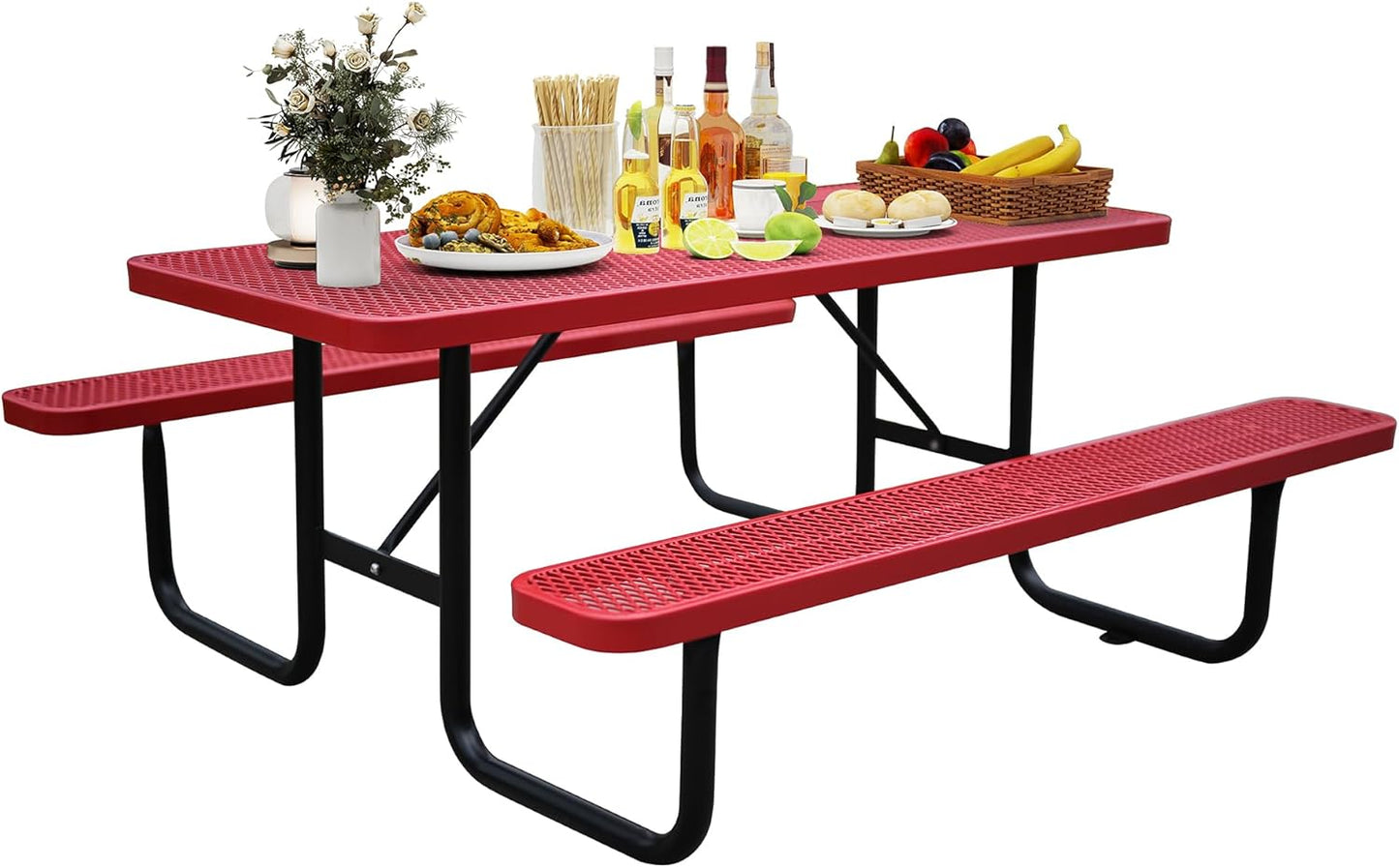 6FT Metal Picnic Tables for Outdoors, Commercial Rectangular Picnic Table and Bench Set for Outside, Patio, Garden, Backyard, Porch, Surface Mount, Red