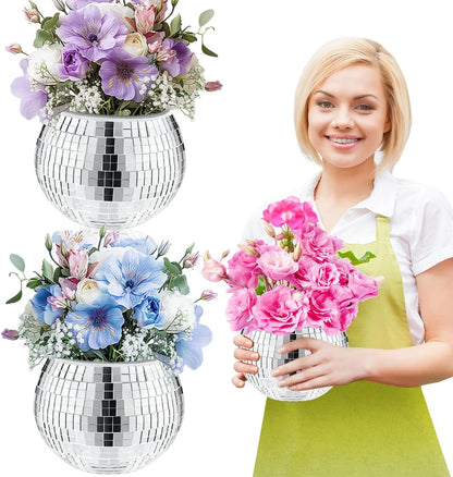 2 Pcs Disco Ball Vase, 5 x 6 Inch Mirrored Disco Ball Planters Perfect for Decorative Living Room, Bedroom, Dining Table, Wedding, Party, Birthday
