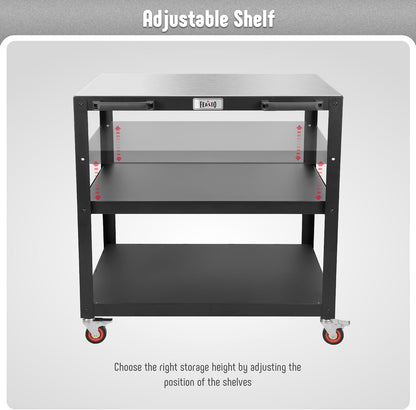 36''x 24'' Large Movable Pizza Oven Table for Outdoor, 304 Stainless Steel Grill Cart with Wheels, 3-Shelf Outdoor Kitchen Prep Table Pizza Oven Stand on Wheels for Pizza Oven& Griddle