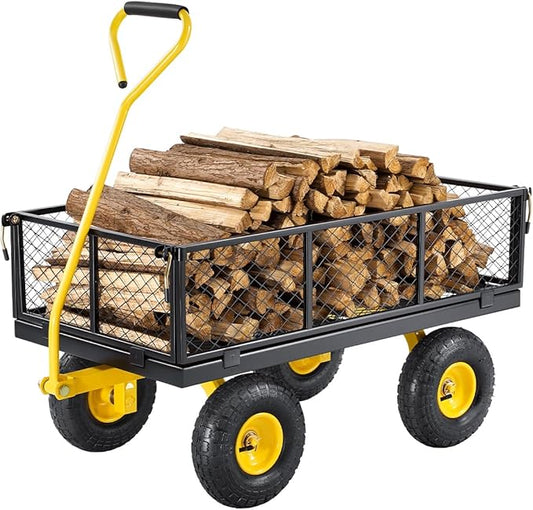 VEVOR 900 Lbs Heavy Duty Steel Garden Cart, Garden Wagon Cart on Wheels, Outdoor Metal Yard Utility Wagon Carts with 10" Tires and Mesh Removable Sides(Convert to Flatbed) and 180°Rotating Handle