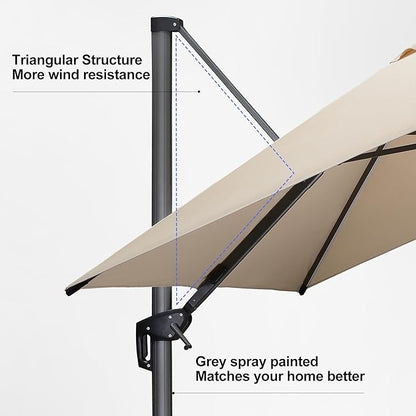 PURPLE LEAF 10 Feet Patio Umbrella Outdoor Cantilever Solar Powered LED Square Umbrella Aluminum Offset Umbrella with 360-degree Rotation for Garden Deck Pool Patio, Beige