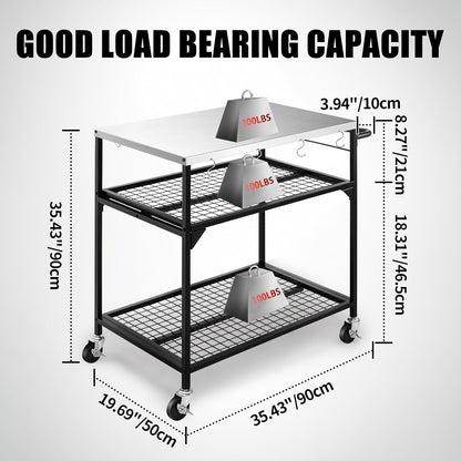 3-Shelf Outdoor Grill Table, Pizza Oven Tables with Waterproof Cover, Movable Dining Cart, Trolley Table with Wheels, Outdoor Kitchen Cooking Prep BBQ Cart for Home Party, Bar,Camping