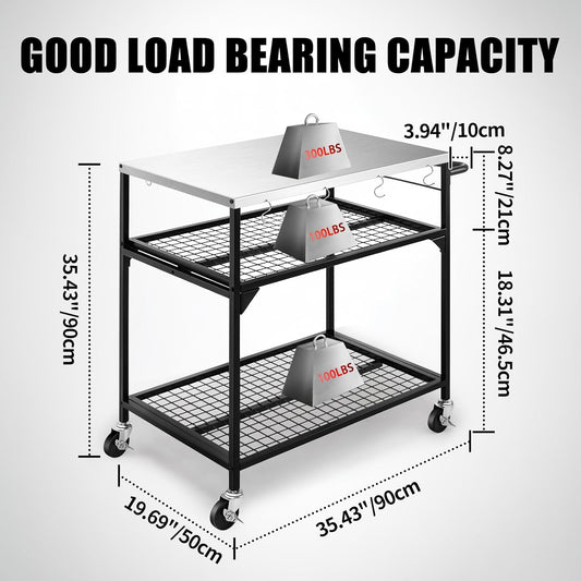 3-Shelf Outdoor Grill Table, Pizza Oven Tables with Waterproof Cover, Movable Dining Cart, Trolley Table with Wheels, Outdoor Kitchen Cooking Prep BBQ Cart for Home Party, Bar,Camping
