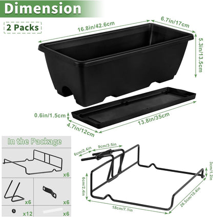 HAITRAL Hanging Planters for Outdoor Plants,Deck Railing Planter Boxes Countryside Style Window Boxes Planters, Balcony Flower Pots Plastic Railing Planter with Metal Brackets for Fence,Black 2 Pcs