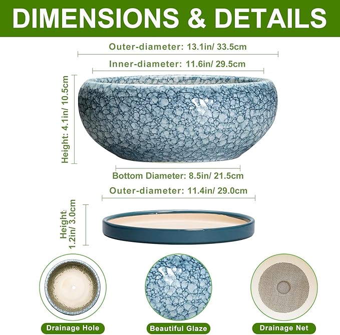 Large Succulent Planters - 13 Inch Ceramic Bonsai Pots with Drainage Hole and Saucer, Shallow Plant Pots Indoor Outdoor, Large Planter Bowl, Round Planter, Garden Decor, Gardening Gift, Blue