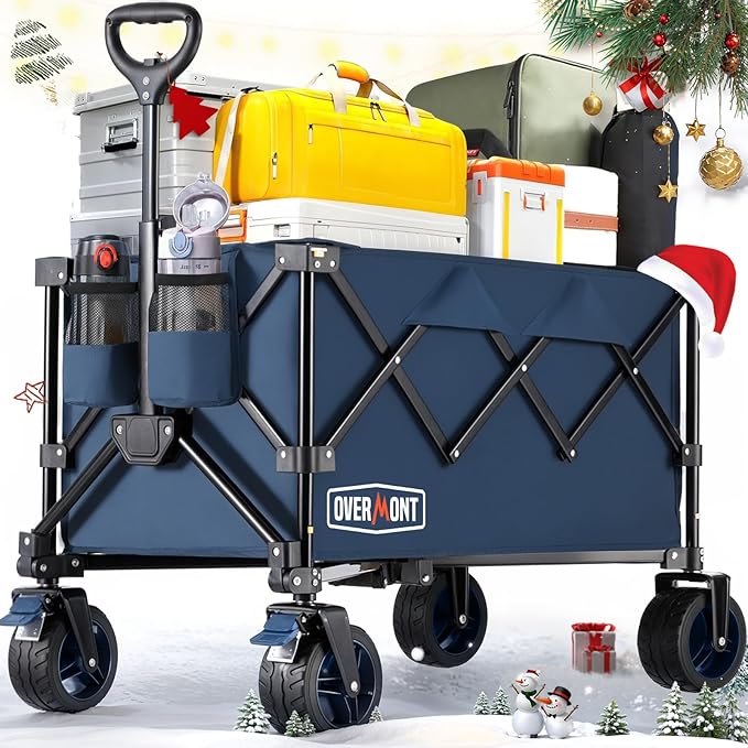 Overmont Ultra-Compact Collapsible Wagon Cart - 200L Portable Folding Wagon with All-Terrain Wheels Utility for Beach, Grocery Shopping, Camping, and Gardening – 330lbs Load Capacity Blue