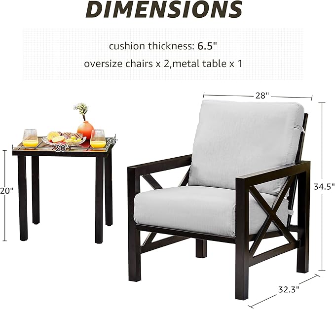 NATURAL EXPRESSIONS 3-Piece Patio Bistro Set, Patio Conversation Furniture Set with 2 Chairs and 1 Metal Coffee Table, 6.5'' Thick Olefin Cushions for Backyard,Porch,Poolside