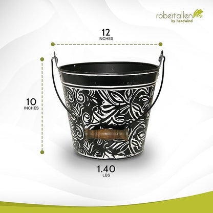 Headwind Robert Allen Vintage Floral Metal Planter with Handle, 12-Inch, Charcoal – Lightweight Indoor/Outdoor Flower Pot with Drainage Hole