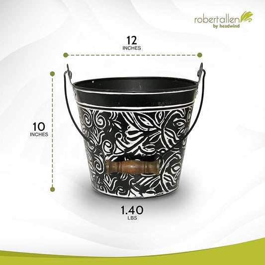 Headwind Robert Allen Vintage Floral Metal Planter with Handle, 12-Inch, Charcoal – Lightweight Indoor/Outdoor Flower Pot with Drainage Hole