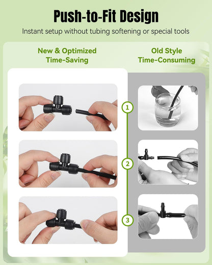 Pawfly 40 Pcs Quick Connect Drip Irrigation Fittings Kit for 1/4" Tubing, Push-to-Fit Drip Line Connectors Set with 10 Tees, 10 Couplings, 10 Elbows & 10 End Plugs, Anti-Leak Drip Irrigation Parts