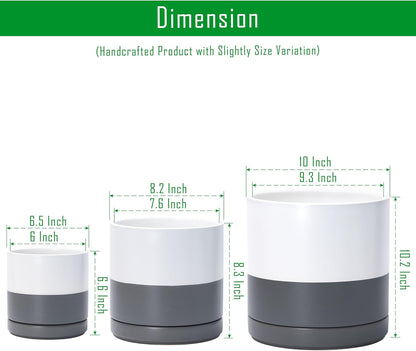 D'vine Dev 6 Inch & 8 Inch & 10 Inch, Set of 3 Round Ceramic Planter Pot with Drainage Hole and Saucer, White/Speckled Grey, 94-T-L-6
