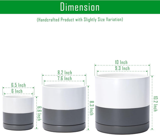 D'vine Dev 6 Inch & 8 Inch & 10 Inch, Set of 3 Round Ceramic Planter Pot with Drainage Hole and Saucer, White/Speckled Grey, 94-T-L-6
