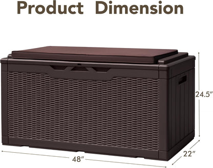 Devoko 100 Gallon Deck Box, Waterproof Resin Outdoor Storage Box with Cushion for Outside and Patio, Large Outdoor Storage Bench Cabinet Lockable for Patio Furniture and Garden Tools (Deep Brown)