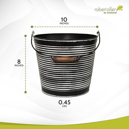 Headwind Robert Allen Vintage Ribbed Metal Planter with Handle, 10-Inch, Charcoal – Lightweight Indoor/Outdoor Flower Pot with Drainage Hole