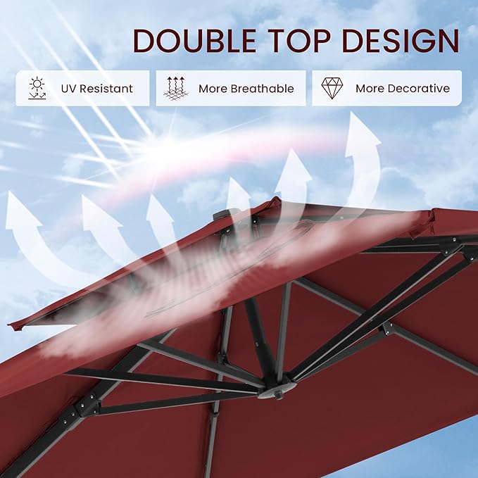 10x10 FT Cantilever Patio Umbrella with Base Included Double Top Outdoor Square Large Heavy Duty Aluminum Offset Umbrellas with 7 Level Tilt 360-degree Rotation for Pool Garden Deck,Wine Red