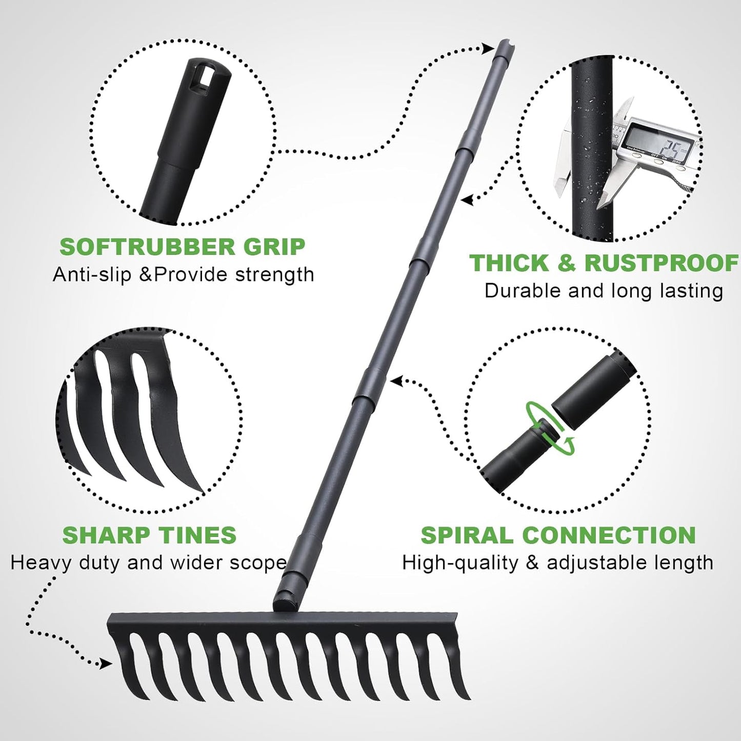 Pragmatist Bow Rake Heavy Duty 60" Metal Head Garden Rake with Adjustable Stainless Steel Handle Garden Tool for Loosening Soil Leveling Mulch Gathering Leaf