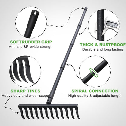 Pragmatist Bow Rake Heavy Duty 60" Metal Head Garden Rake with Adjustable Stainless Steel Handle Garden Tool for Loosening Soil Leveling Mulch Gathering Leaf