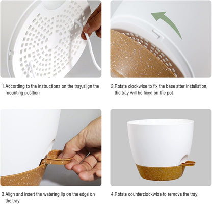 Large Self Watering Pots, 12/10/9 Plastic Planters with High Drainage Holes and Deep Reservoir for Indoor Outdoor Garden Plants and Flowers, White with Brown