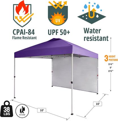CROWN SHADES 10x10 Pop Up Canopy with 1 Side Wall - Beach Tent with One Push Setup - Outdoor Sun Shade for Events, Parties, Camping - Gazebo with STO-N-Go Cover Bag (Purple)