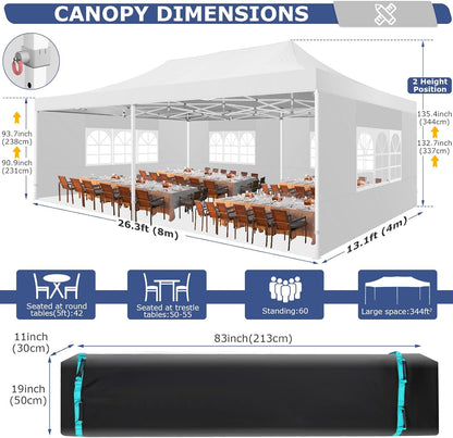 COBIZI 13x26 Pop up Canopy Heavy Duty with 6 Sidewalls, Easy Set-up Commercial Outdoor Party, 100% Waterproof Wedding Canopy Gazebo, 2 Height Adjustable with Wheeled Bag,White
