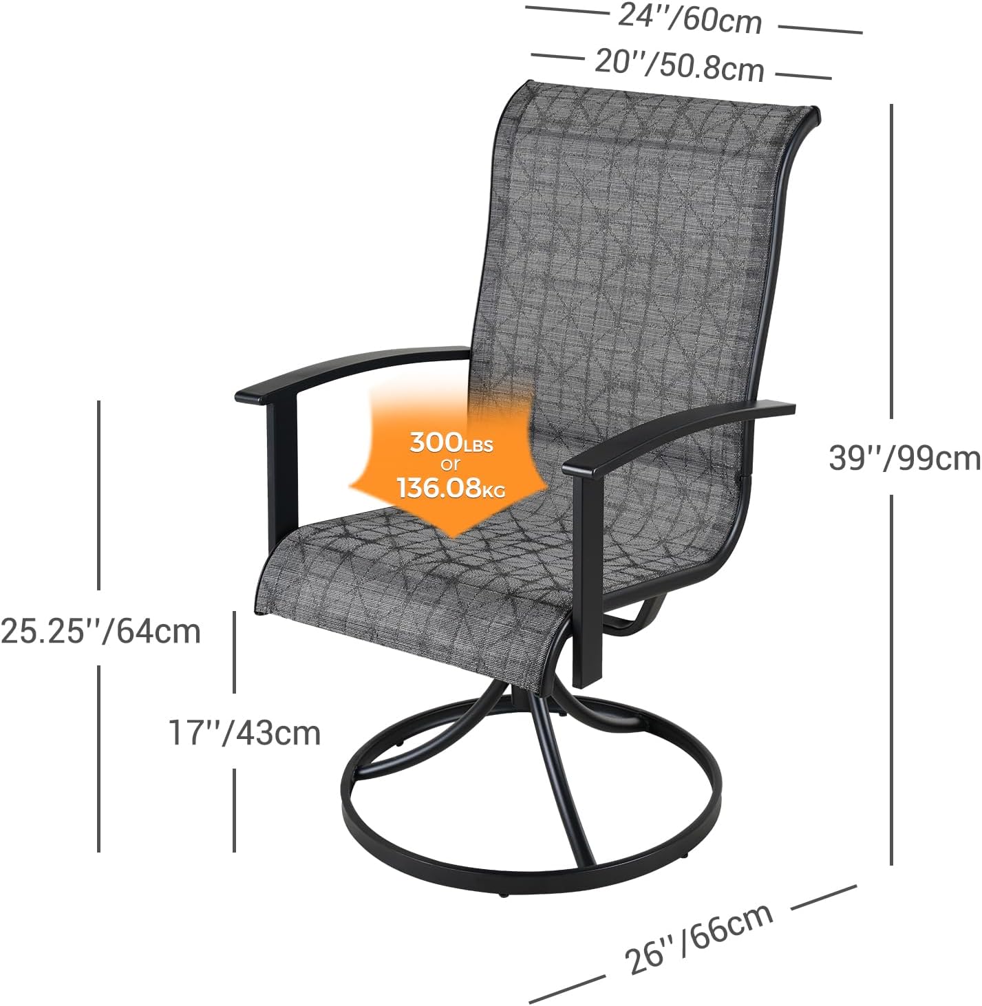 Grand patio Outdoor Swivel Dining Chairs Set of 2, 360 Degree Mesh Sling Rocker Sets for Deck, Garden Backyard, Black & Grey Plaid