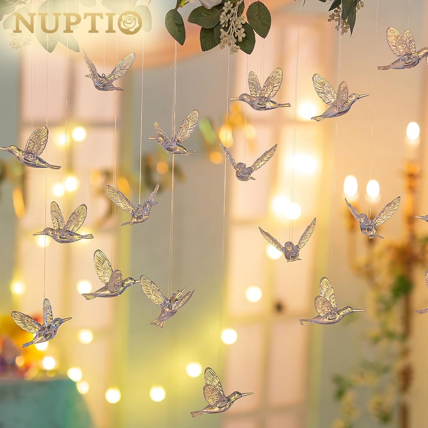 NUPTIO Crystal Ceiling Hanging Ornaments: 30 Pcs Acrylic Flying Birds for Wedding Party Window Garden Bedroom Outdoor Birthday - Christmas Tree Decorations with Transparent Line