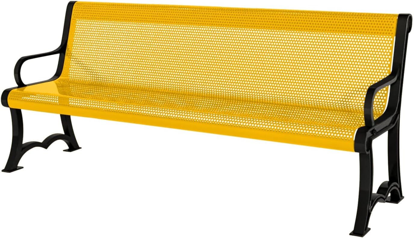 Heavy-Duty Outdoor Bench Thermoplastic Coated, Punched Steel, Commercial-Grade Garden Bench, Made in America (Portable with Back, 4 Ft, Textured Yellow)