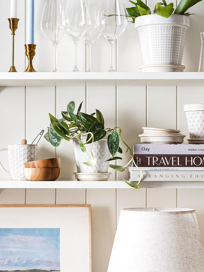 LE TAUCI Ceramic Plant Pots, 4.9 Inch Flower Pots with Drainage Hole & Saucer, Embossed Planter Pots for Indoor Plant Succulent, Orchid, Cactus, Home Decor - Set of 4, Arctic White