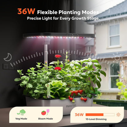 owltron Smart Hydroponics Growing System Kit,15 Pods Indoor Herb Garden with 36W LED Grow Light & APP Control, Planting Height Up to 30", Quiet Water Pump, Stainless Steel - Ideal Gift for All Ages