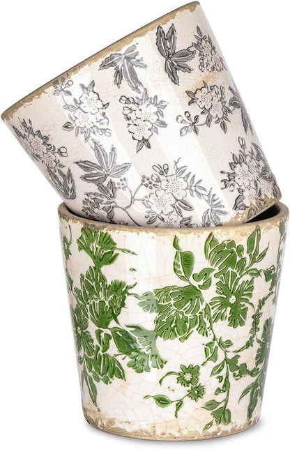 Sungmor Vintage Ceramic Plant Pots, Set of 2 Pretty Ice Cracked Glaze Ceramic Flower Pots, 5.5in. Herb Planters with Drainage Hole, Tuscan Planters for Indoor Outdoor Plants, Home Garden Decor Pot