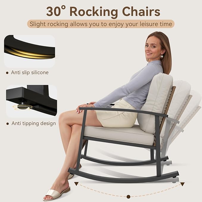 Aoxun 3-Piece Outdoor Rocking Bistro Set, Patio Furniture Set with Coffee Table and Thick Cushions, Wicker Rocking Chairs Set of 2 for Garden, Balcony, Backyard, Poolside (Beige)