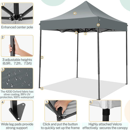 COBIZI 6.6x6.6 Pop up Canopy Heavy Duty Without Sidewalls, Easy Set-up Commercial Outdoor Party, 100% Waterproof Wedding Canopy Gazebo, 3 Height Adjustable with Carry Bag, Gray